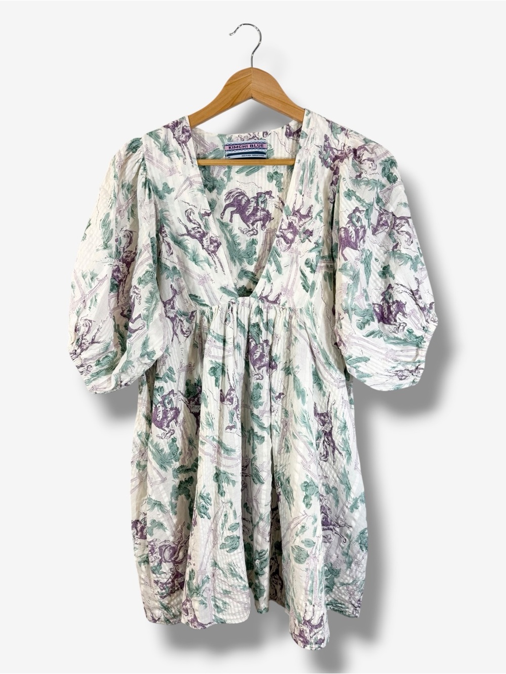 Kimchi Blue Pria Puff Sleeve Babydoll Dress Size S White Purple Cowboy Western